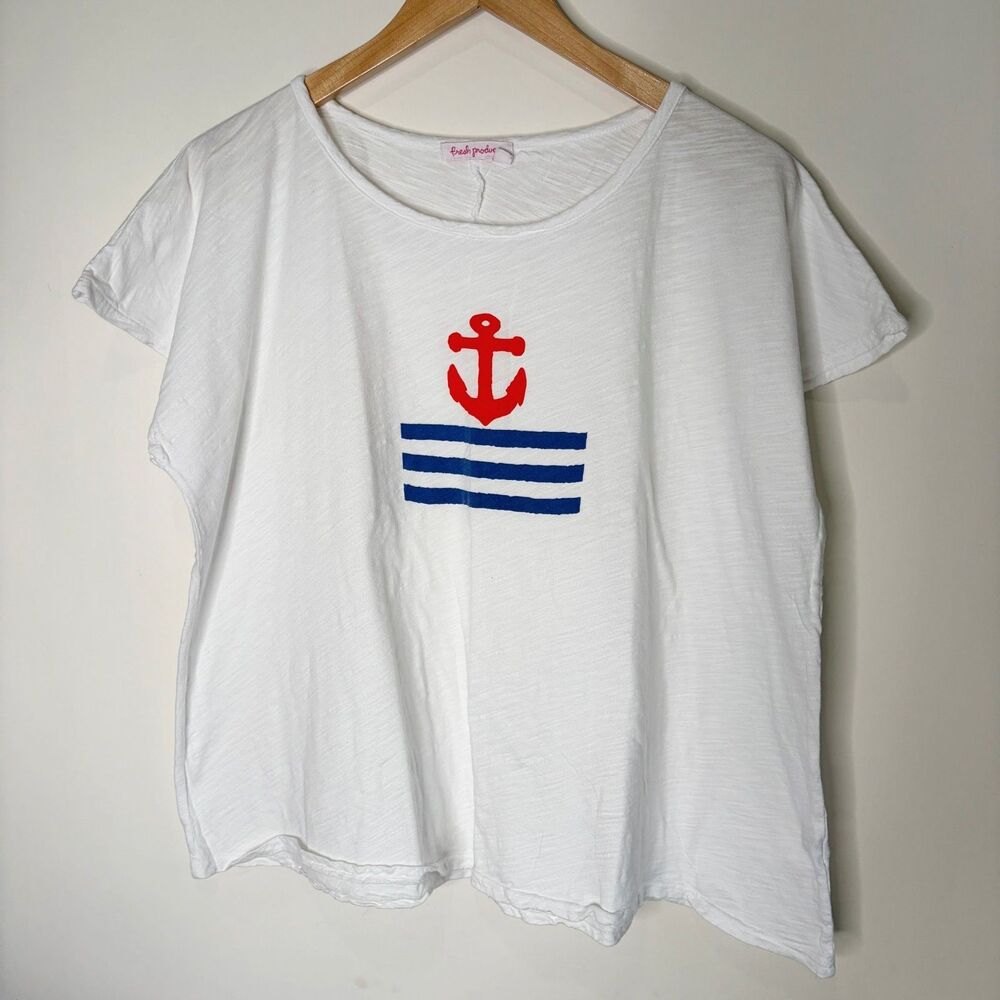 Fresh Produce T-Shirt Nautica Sailing Anchor White Light Weight Boxy Women OS